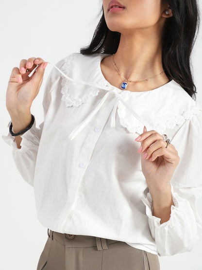 White Peter Pan Collar OverSize Shirt with Floral Lace