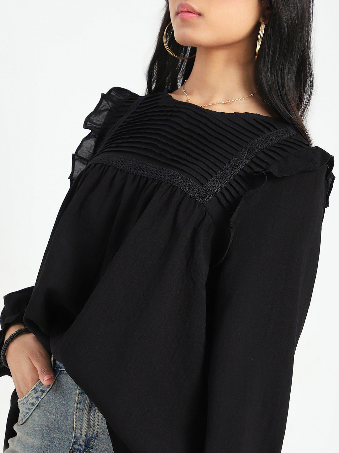 Black Pleated Yoke Ruffle Top