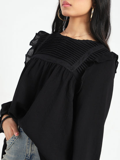 Black Pleated Yoke Ruffle Top