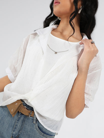 Tencel Nylon Studded Oversized Shirt with tank top and necklace