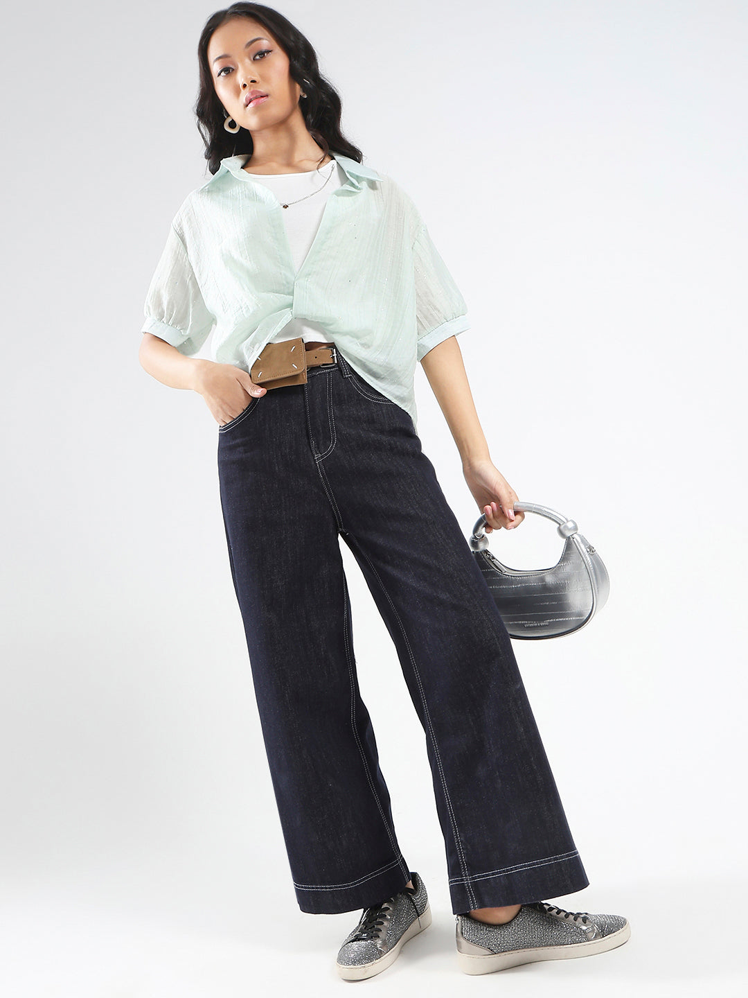 Tencel Nylon Studded Oversized Shirt with tank top and necklace