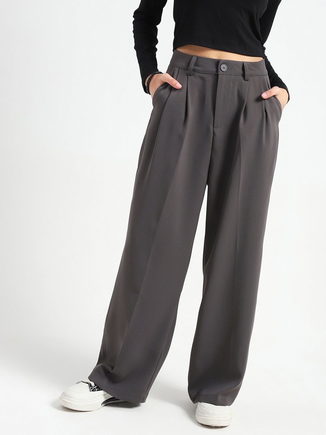 Korean High Rise Pleated Wide Leg Trouser with Belt