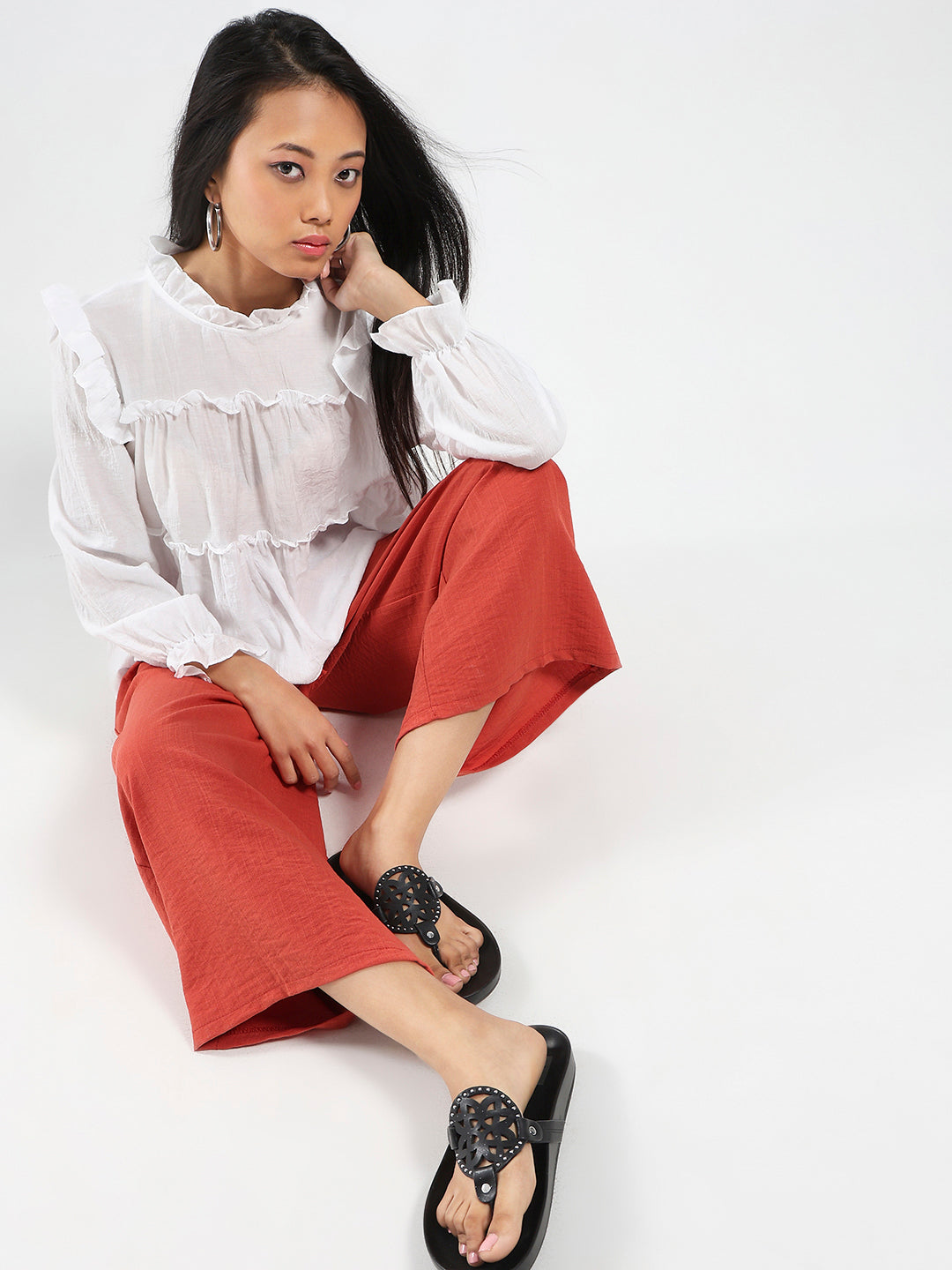 White Ruffled Tiered Long Sleeve Flowy Top