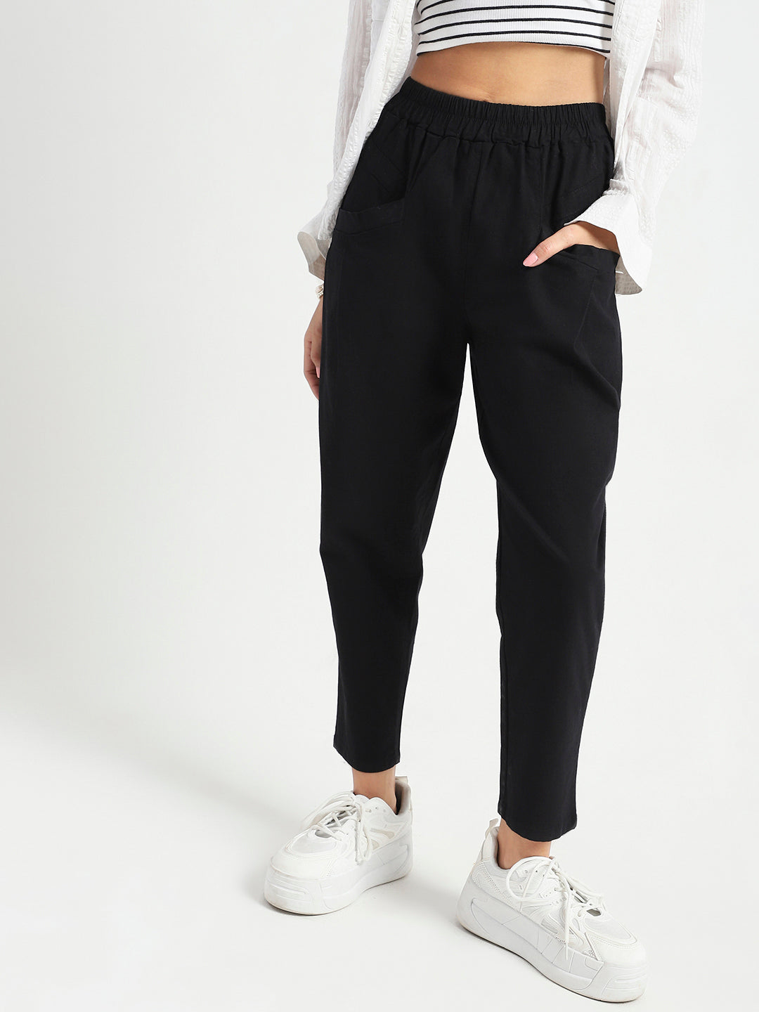 Black Cotton Nylon Stylish Casual Trouser