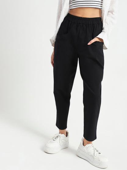 Black Cotton Nylon Stylish Casual Trouser