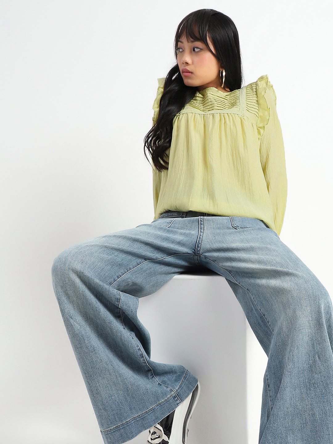 Lime Green Pleated Yoke Ruffle Top