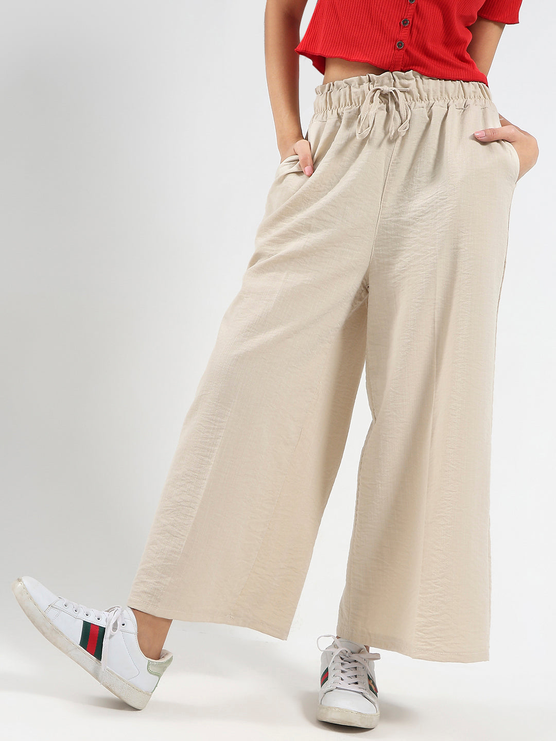 Beige Cotton Nylon Wide Leg Casual Trouser