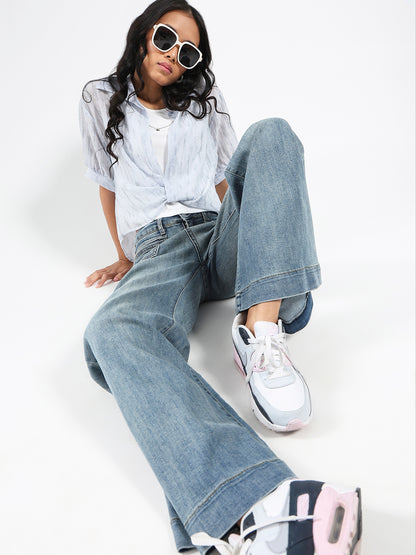 Light Blue Tencel Nylon Oversized Shirt with tank top and Necklace