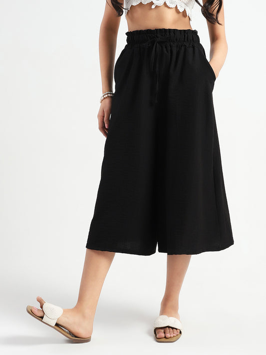 Black Cotton Nylon Wide-Leg High-Waist Capris
