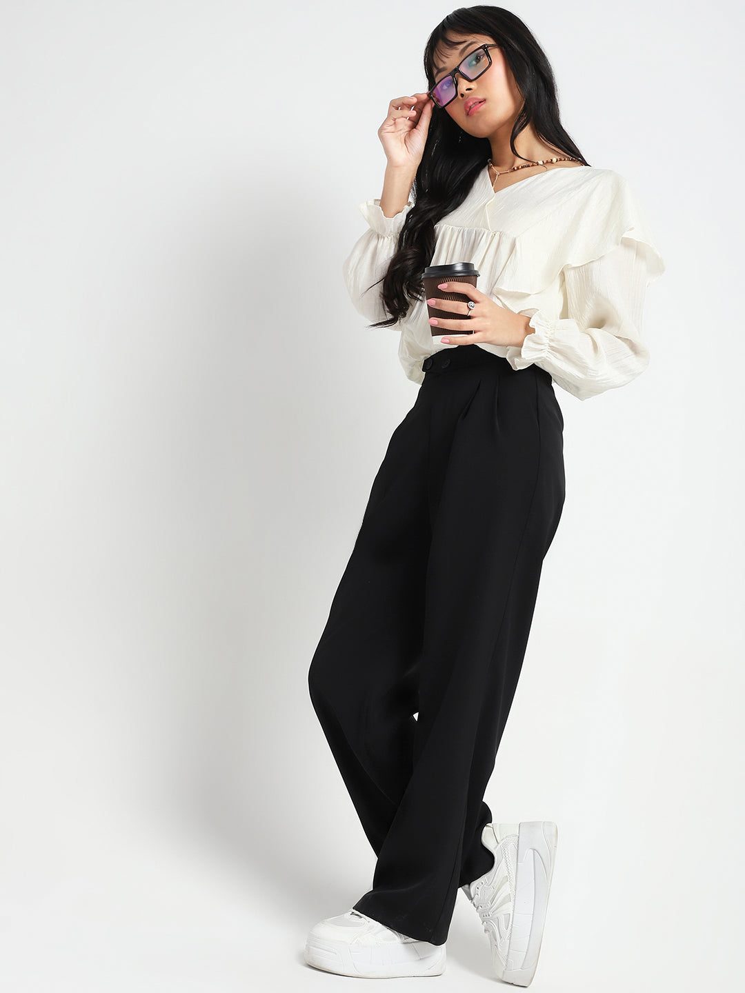 Offwhite Cotton Nylon Ruffle Top