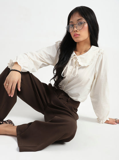 Offwhite Peter Pan Collar OverSize Shirt with Floral Lace