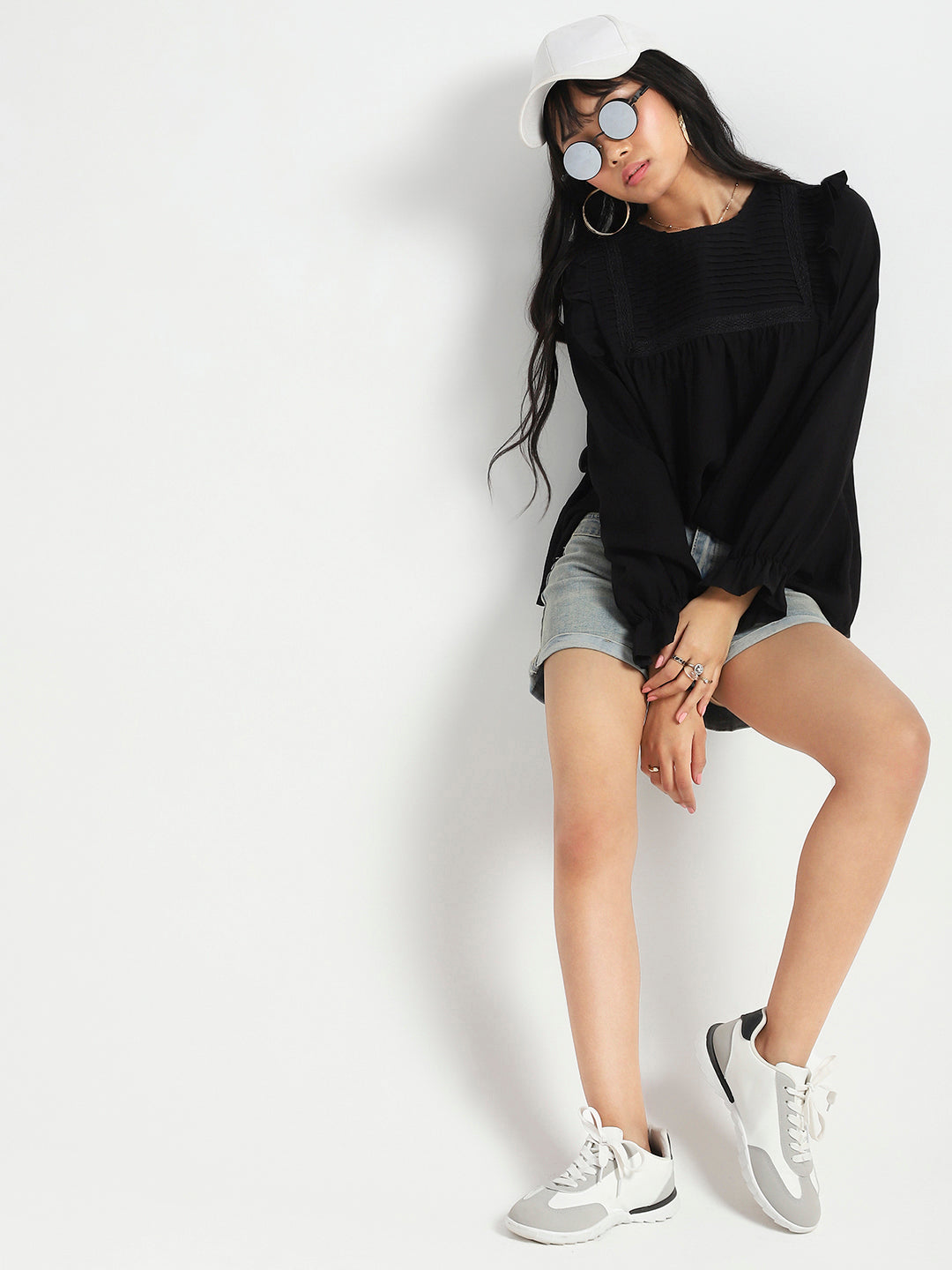 Black Pleated Yoke Ruffle Top