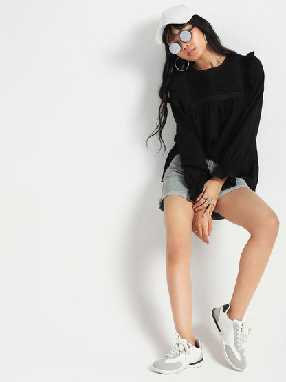 Black Pleated Yoke Ruffle Top