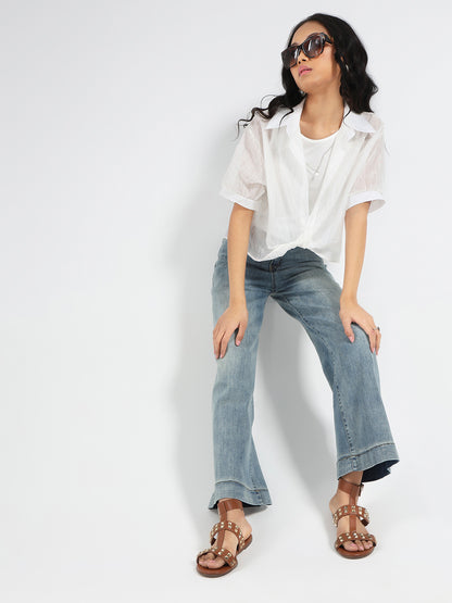 Tencel Nylon Studded Oversized Shirt with tank top and necklace