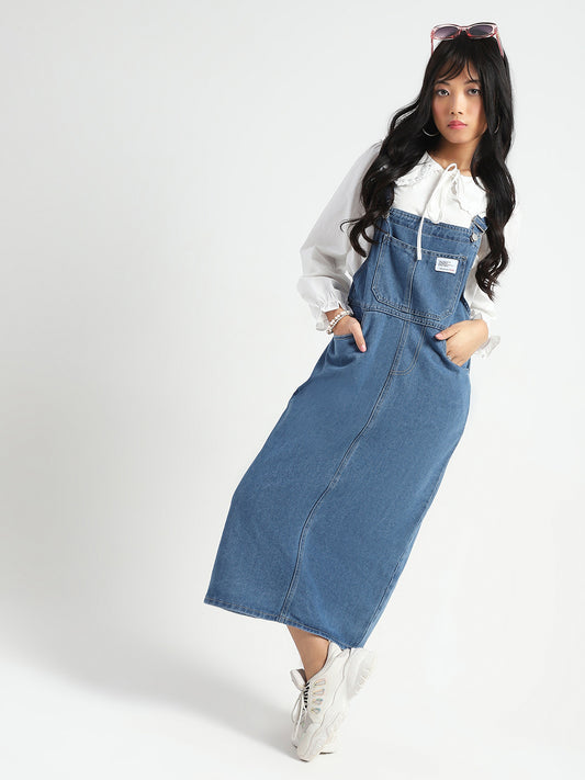 Women Navy Blue back slit Midi Dungaree
