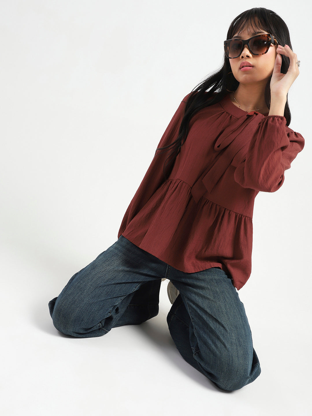 Rust Bow Tie Peplum Stylish Top