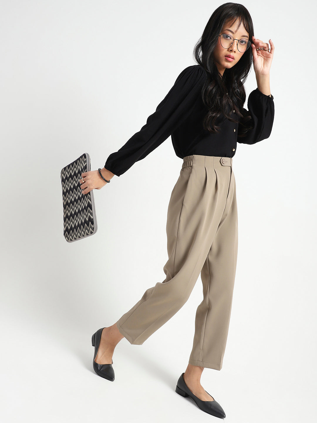 Black Cotton Nylon Puff Sleeve Top