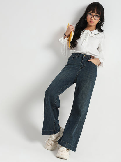 White Embriodered Peter Pan Collar OverSize Shirt with Floral Lace