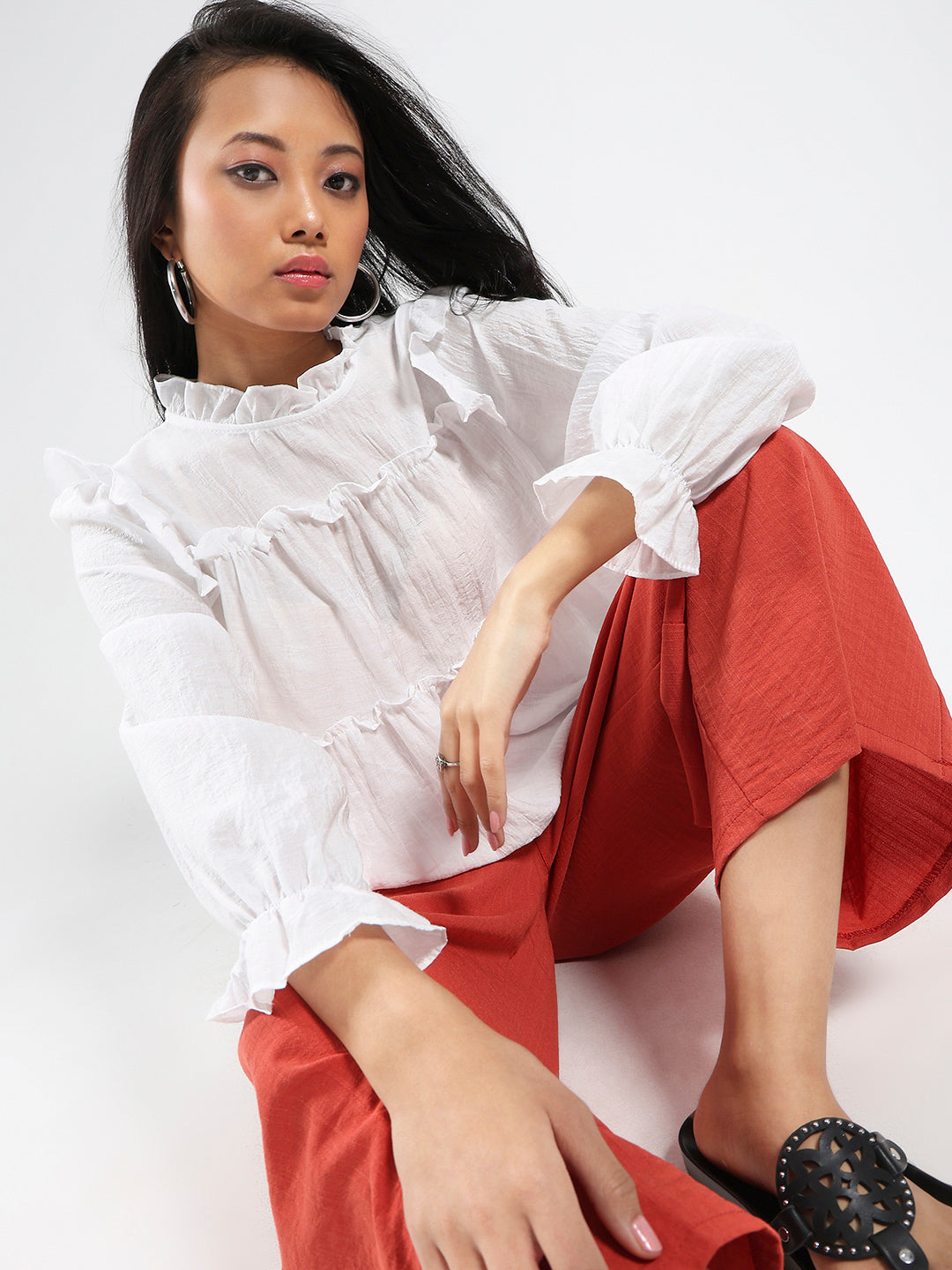 White Ruffled Tiered Long Sleeve Flowy Top
