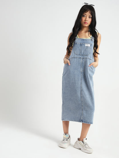 Women Blue back slit Midi Dungaree