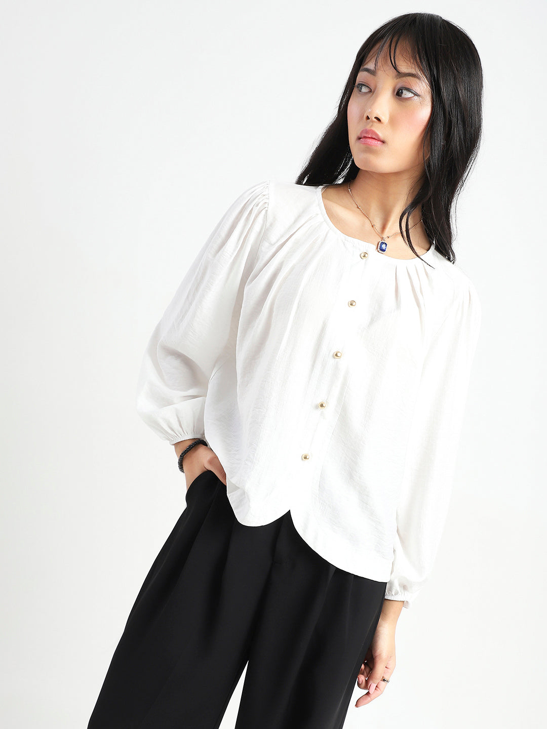 White Cotton Nylon Puff Sleeve Top