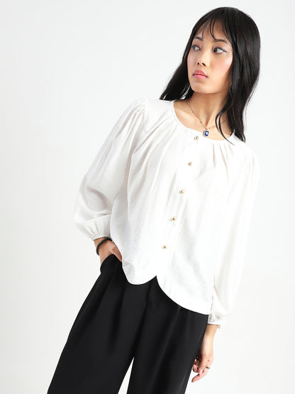 White Cotton Nylon Puff Sleeve Top