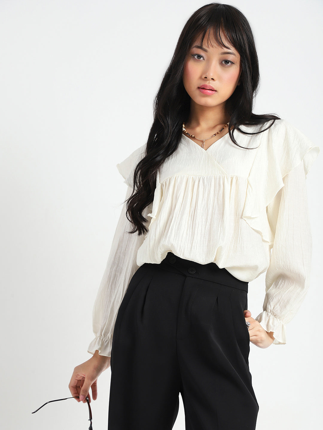 Offwhite Cotton Nylon Ruffle Top