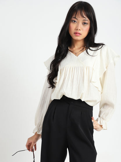 Offwhite Cotton Nylon Ruffle Top