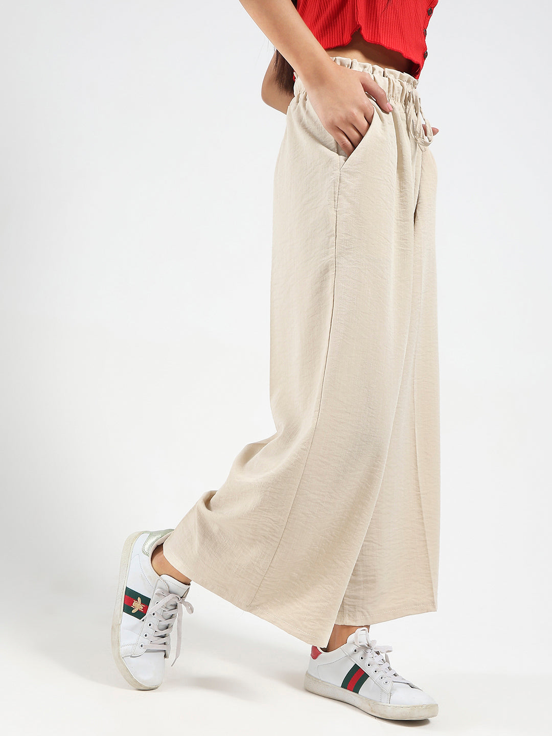 Beige Cotton Nylon Wide Leg Casual Trouser