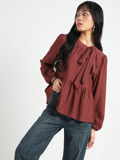 Rust Bow Tie Peplum Stylish Top