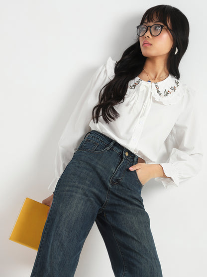 White Embriodered Peter Pan Collar OverSize Shirt with Floral Lace
