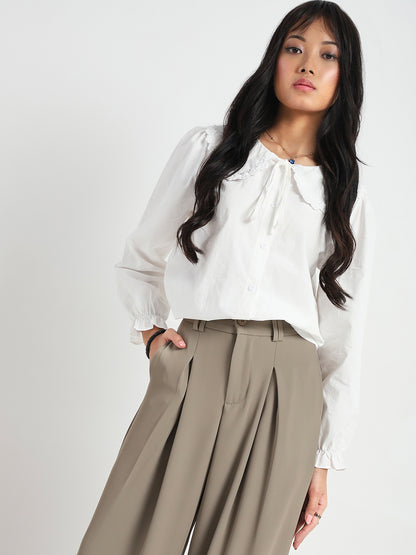 White Peter Pan Collar OverSize Shirt with Floral Lace