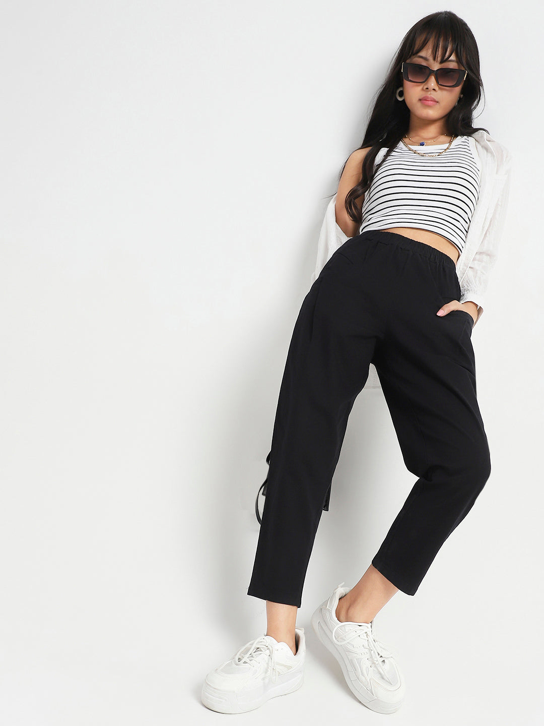 Black Cotton Nylon Stylish Casual Trouser