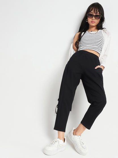 Black Cotton Nylon Stylish Casual Trouser