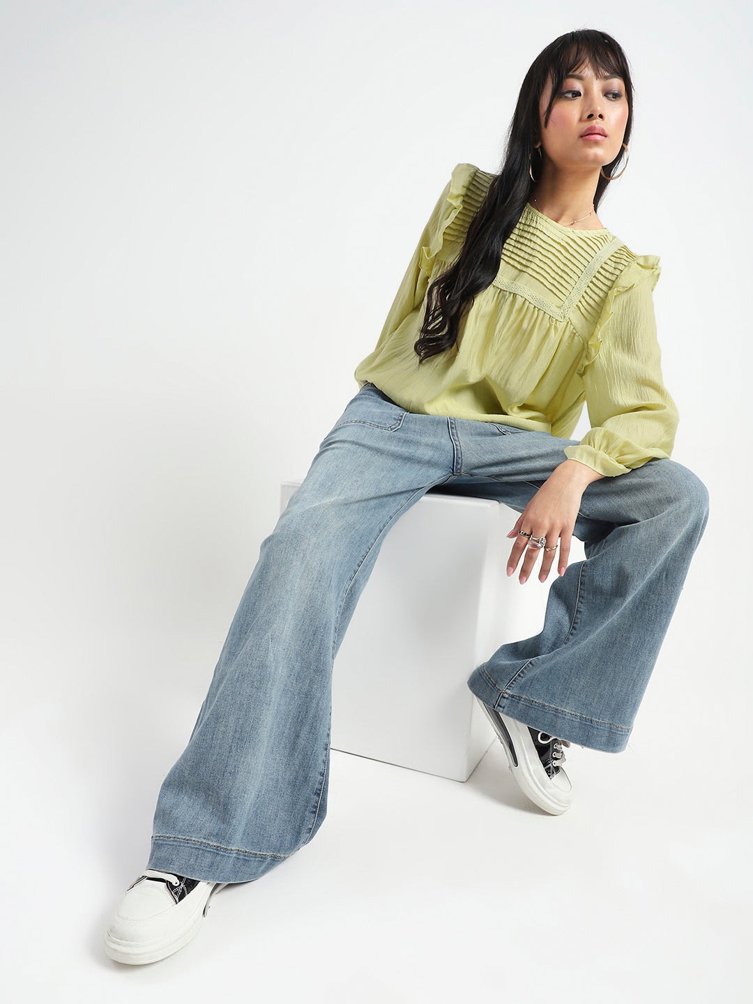 Lime Green Pleated Yoke Ruffle Top