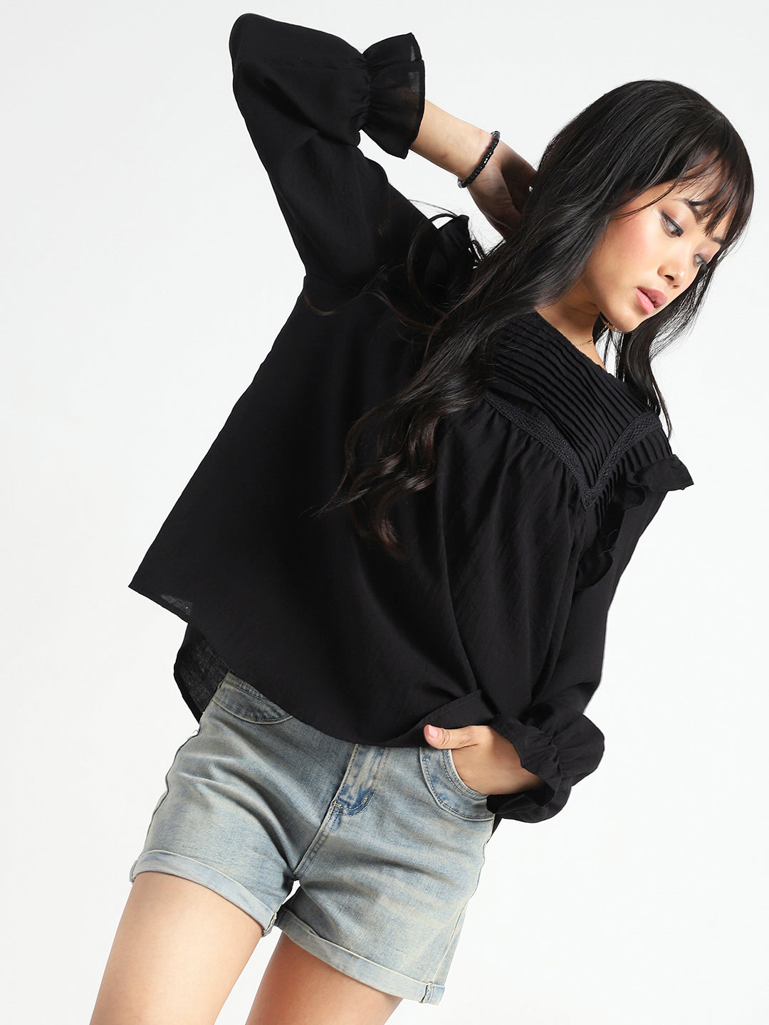 Black Pleated Yoke Ruffle Top