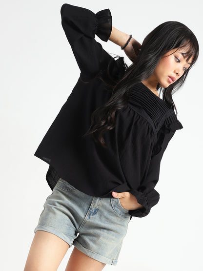 Black Pleated Yoke Ruffle Top