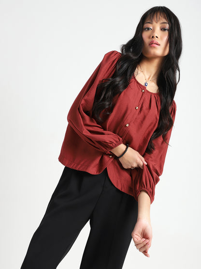 Rust Cotton Nylon Puff Sleeve Top