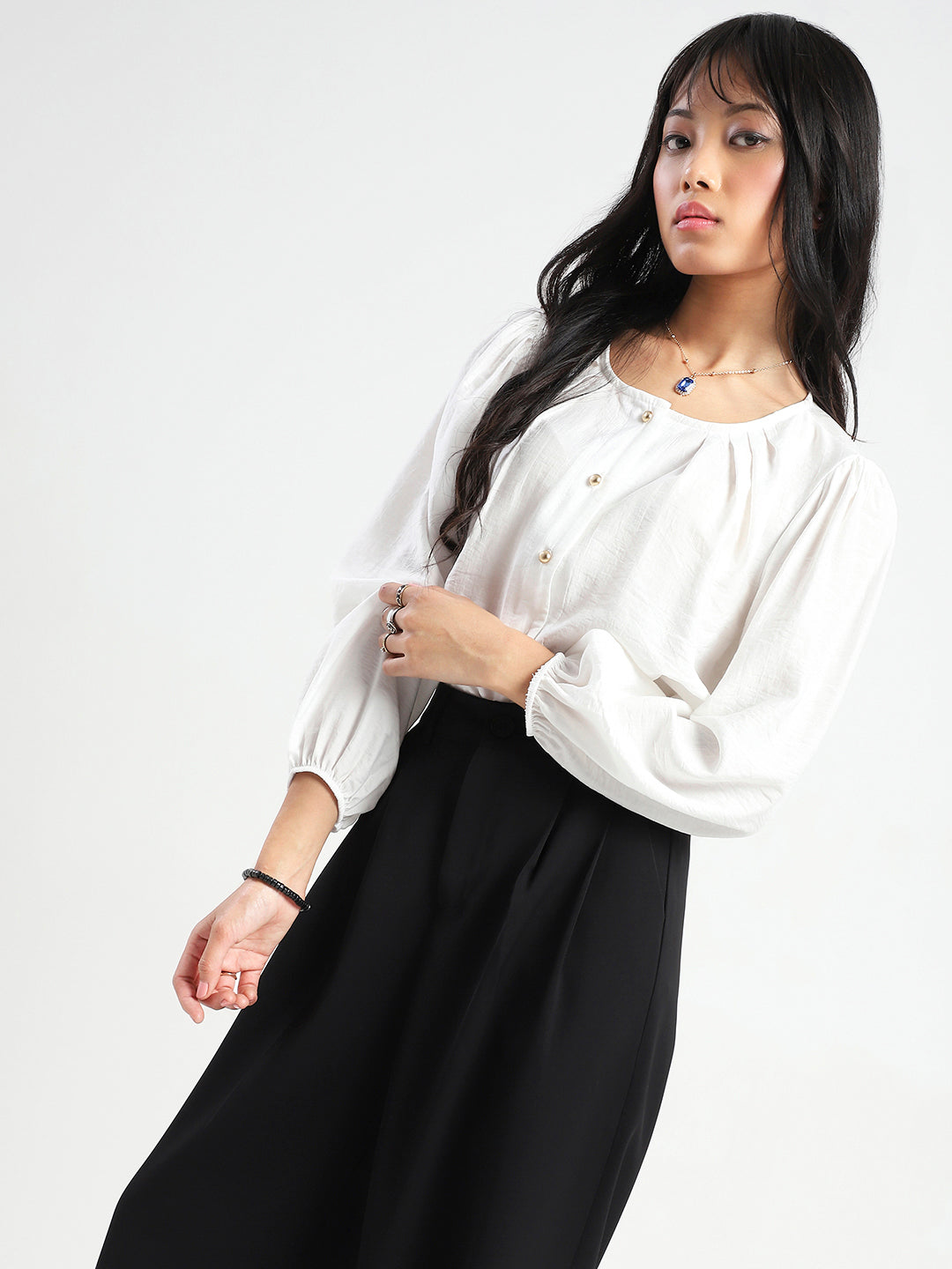 White Cotton Nylon Puff Sleeve Top