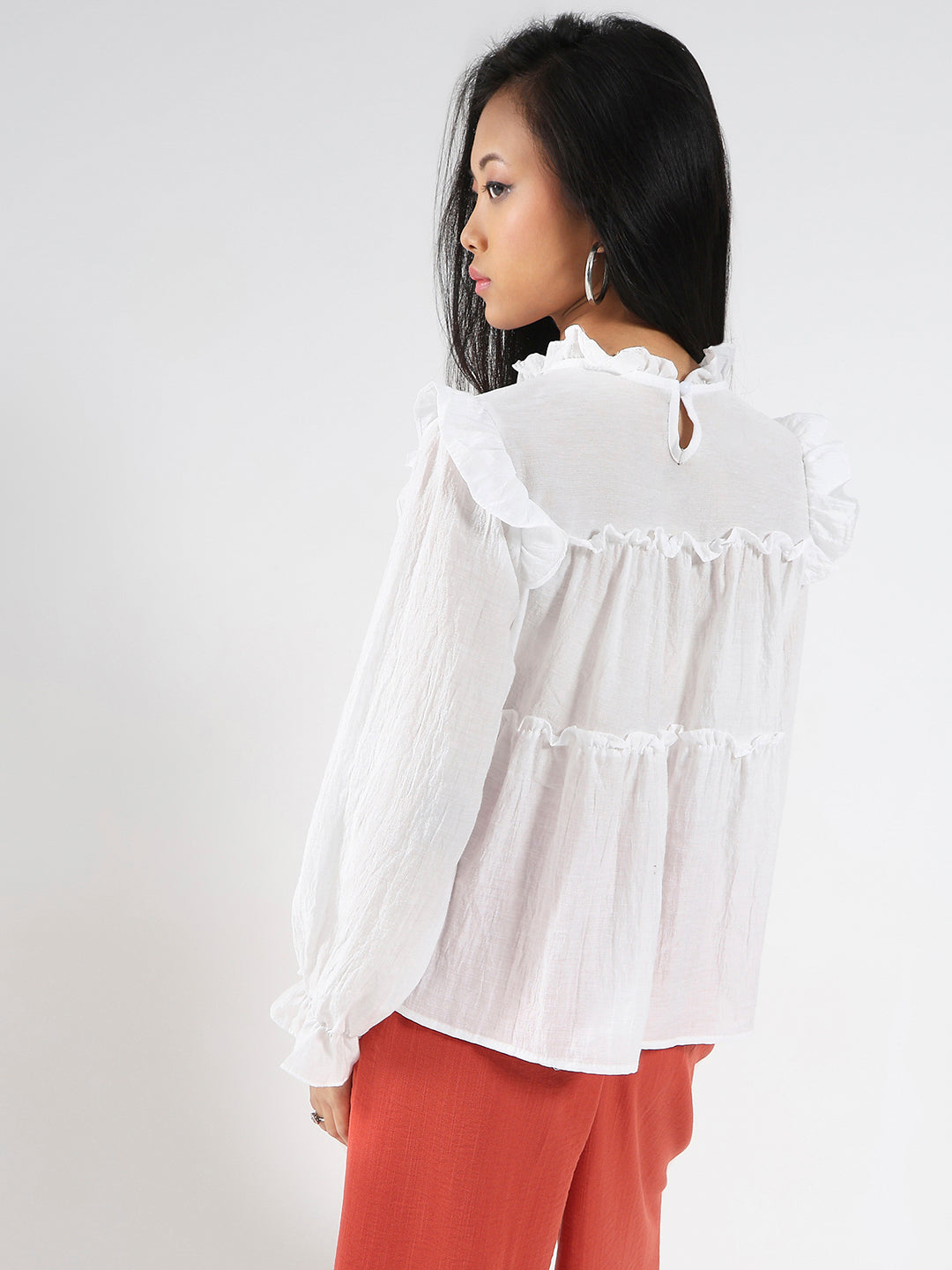 White Ruffled Tiered Long Sleeve Flowy Top