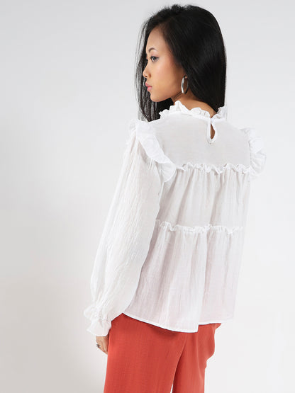 White Ruffled Tiered Long Sleeve Flowy Top