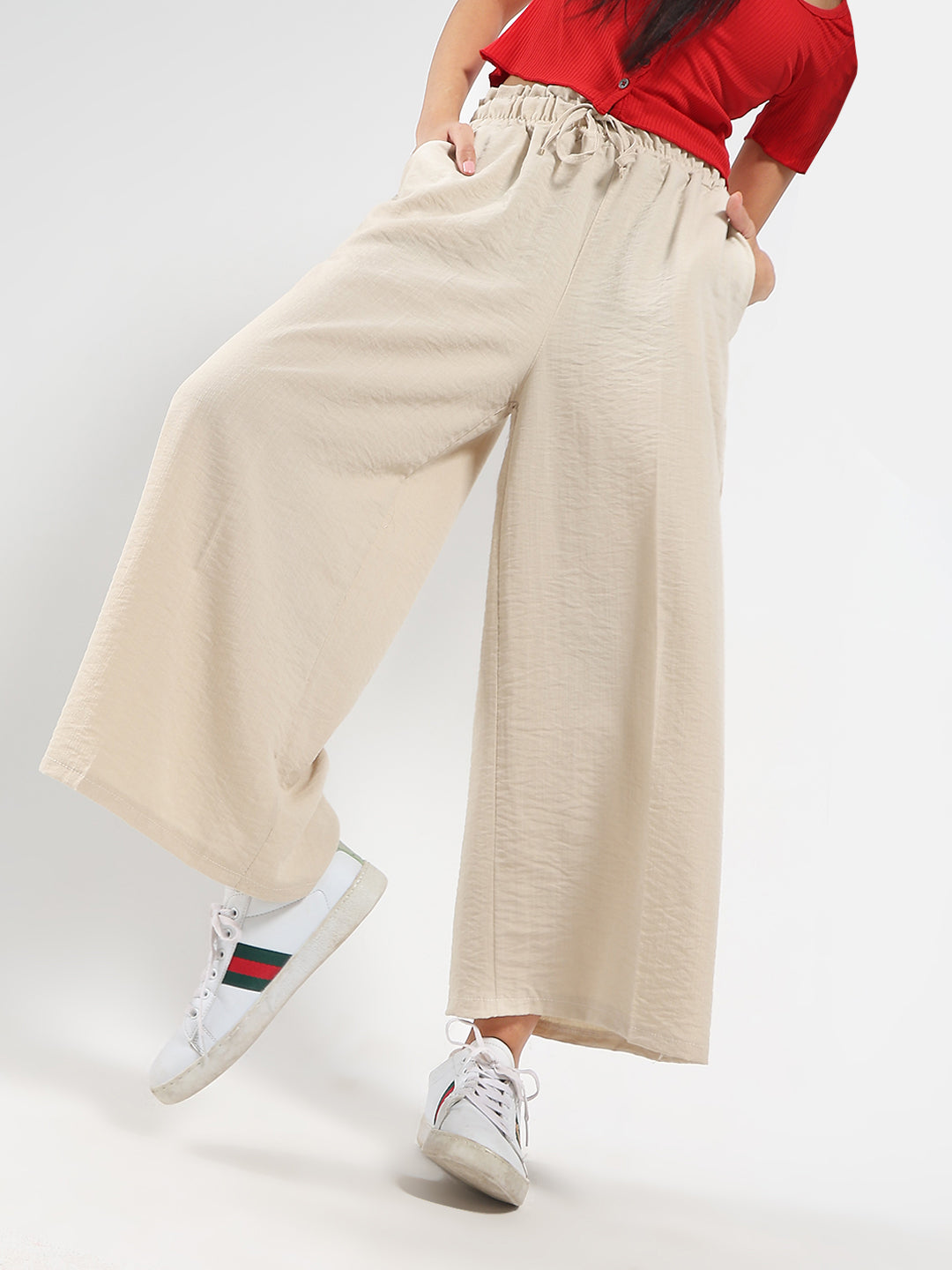 Beige Cotton Nylon Wide Leg Casual Trouser
