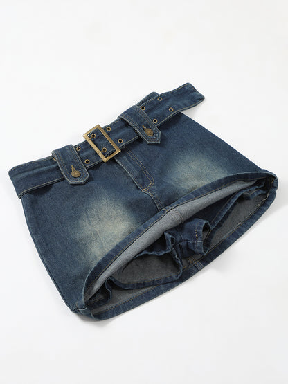 Belted Vintage Inspired Chic Denim Skort