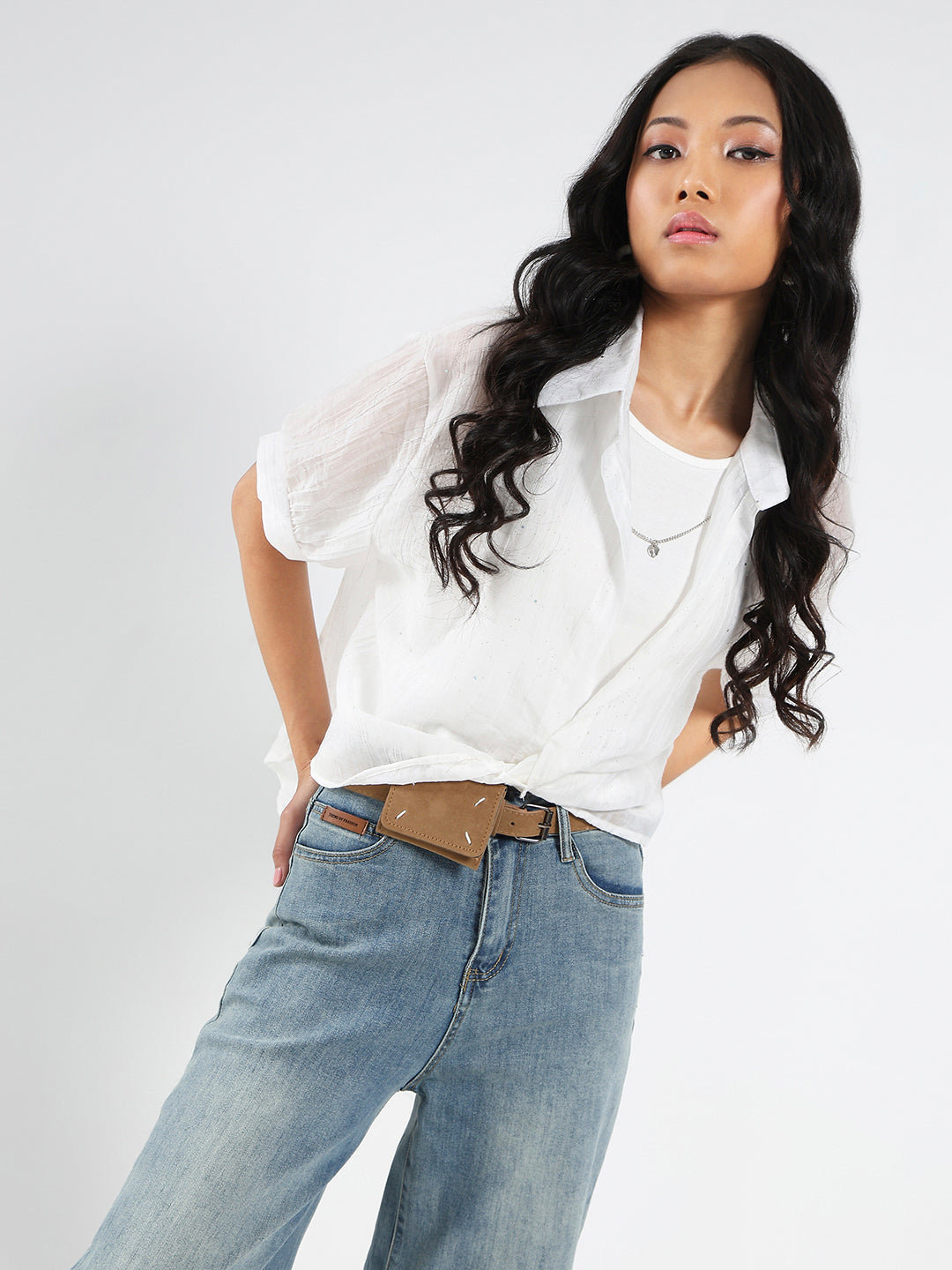 Tencel Nylon Studded Oversized Shirt with tank top and necklace