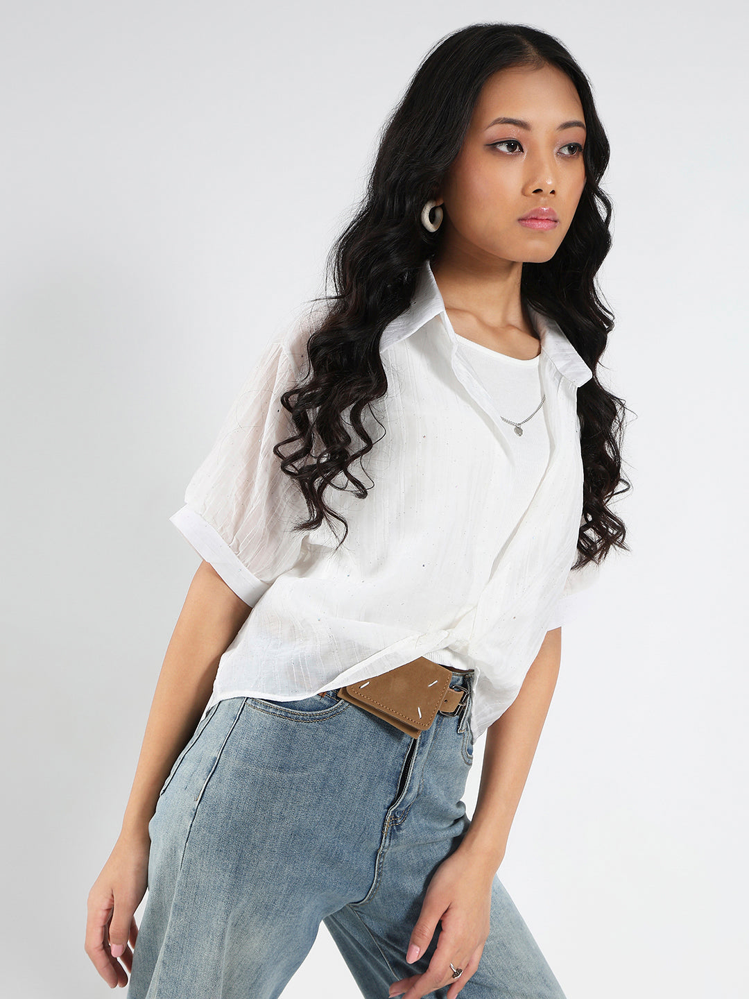 Tencel Nylon Studded Oversized Shirt with tank top and necklace