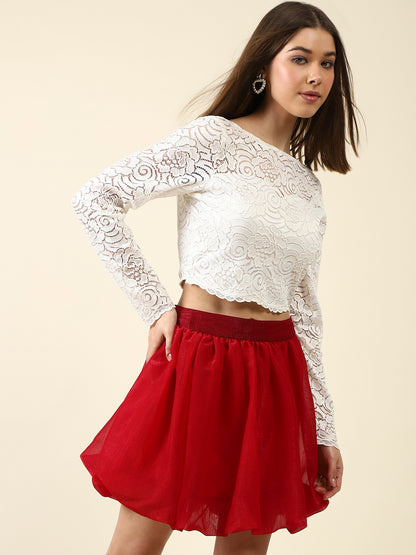 White Self Design Crop Top