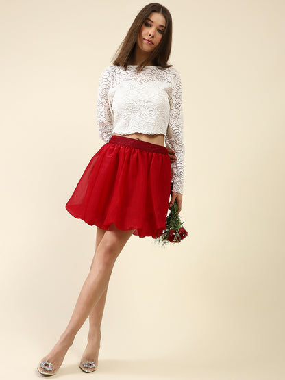White Self Design Crop Top