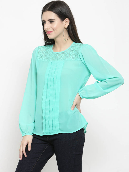 Green Front Pleated Lace Yolk Top