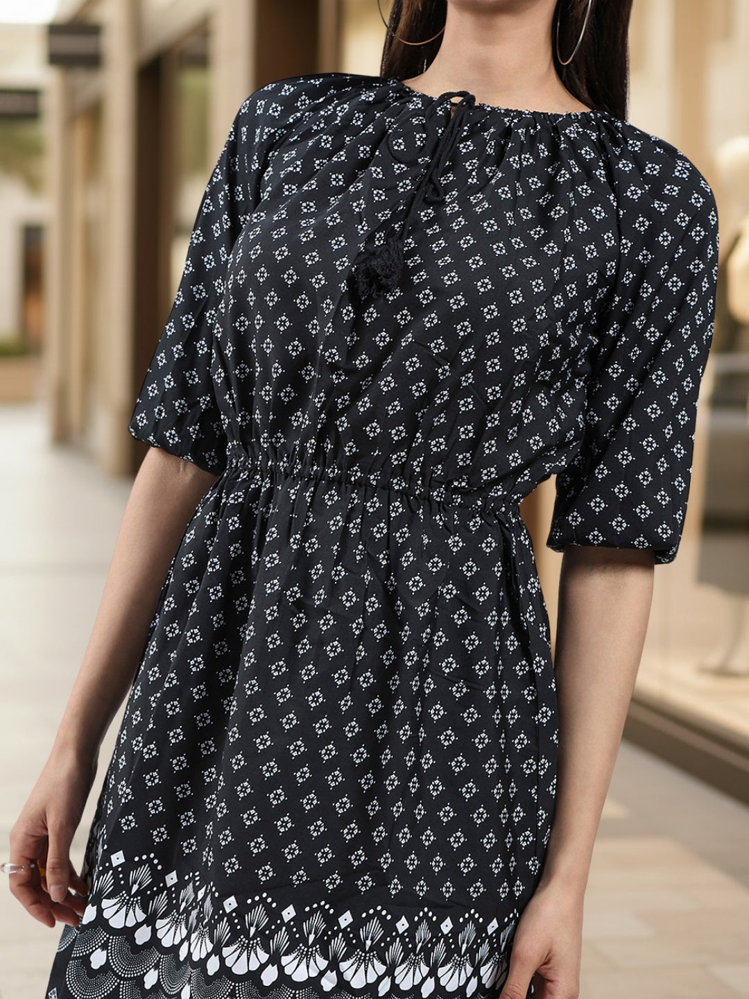 Ethnic Motifs Print Tie-Up Neck Puff Sleeve Crepe Fit & Flare Mini Dress