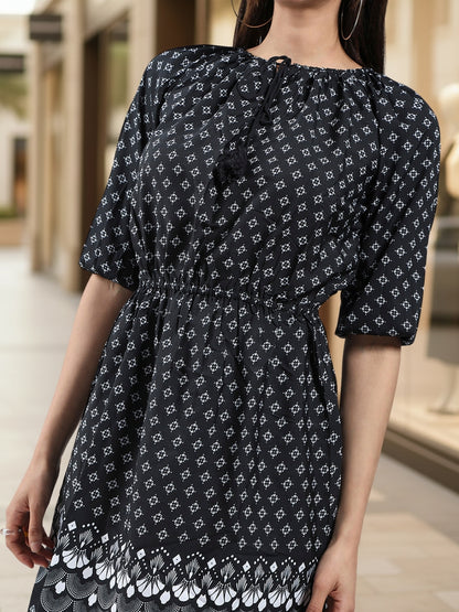 Ethnic Motifs Print Tie-Up Neck Puff Sleeve Crepe Fit & Flare Mini Dress